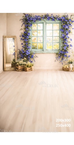 Tło fotograficzne „Okno z niebieskimi kwiatami” | E837